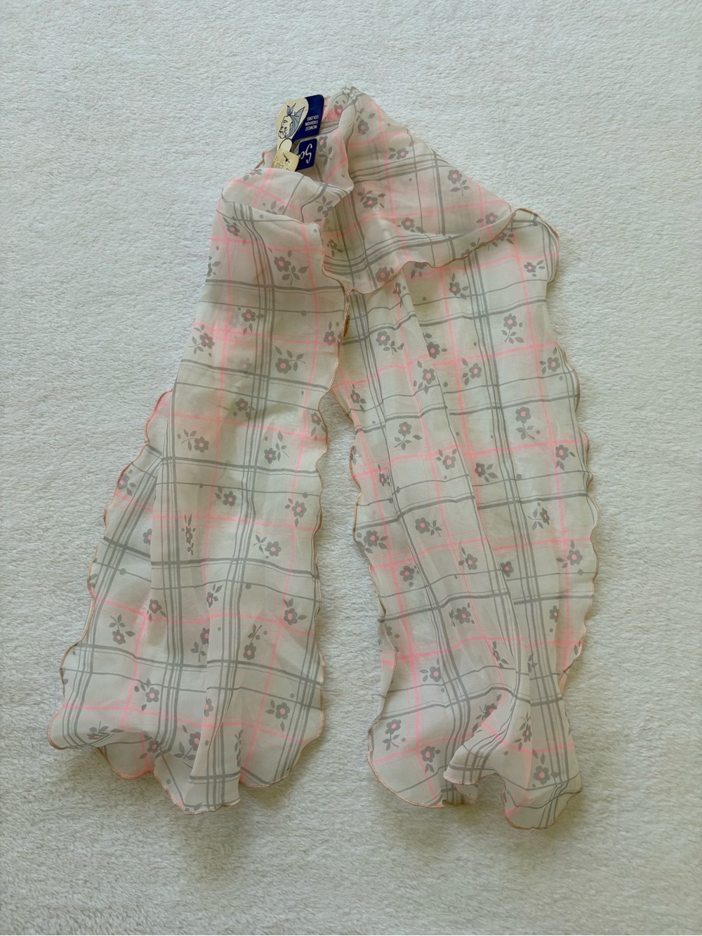 Vintage Sheer Floral Plaid Scarf in Soft Pink and Gray
